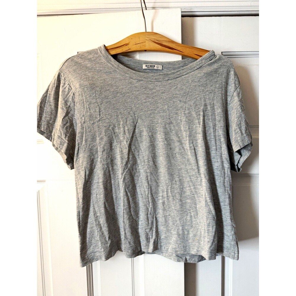 Buck Mason Womens Large Gray Pima Boxy Crew Neck Cropped Tee T-Shirt Made In USA
